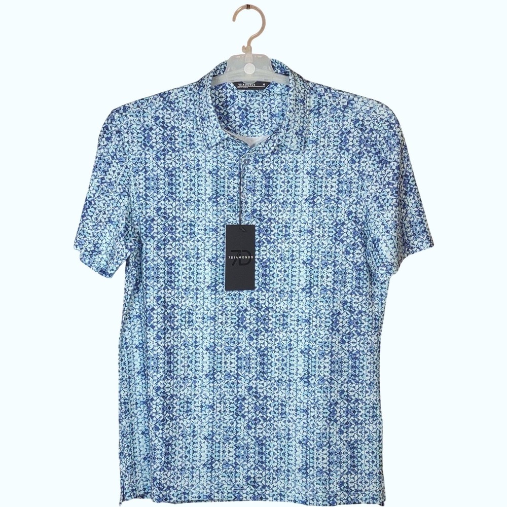 7 Diamonds Meridian Mens 4 Way Stretch Polo Shirt Blue Geometric Print  - Medium